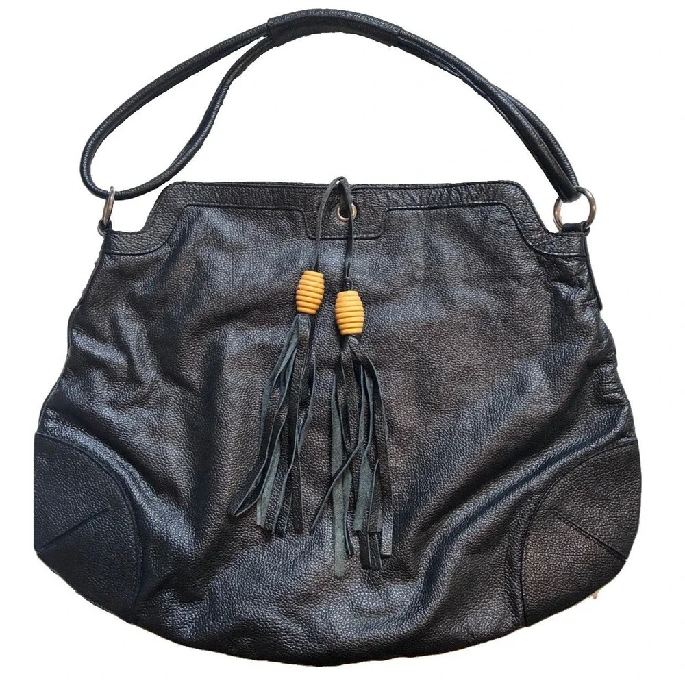 Elen Gotti Black Italian Leather Large Hobo Bag With Tassels